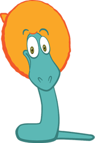 A cartoon of a dinosaur with an orange hair.