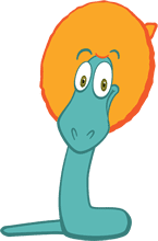 A cartoon of a blue dinosaur with an orange head.