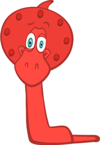 A red cartoon character with blue eyes and a heart shaped head.