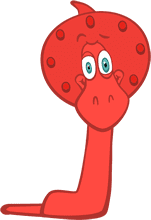 A red dinosaur with big eyes and long neck.